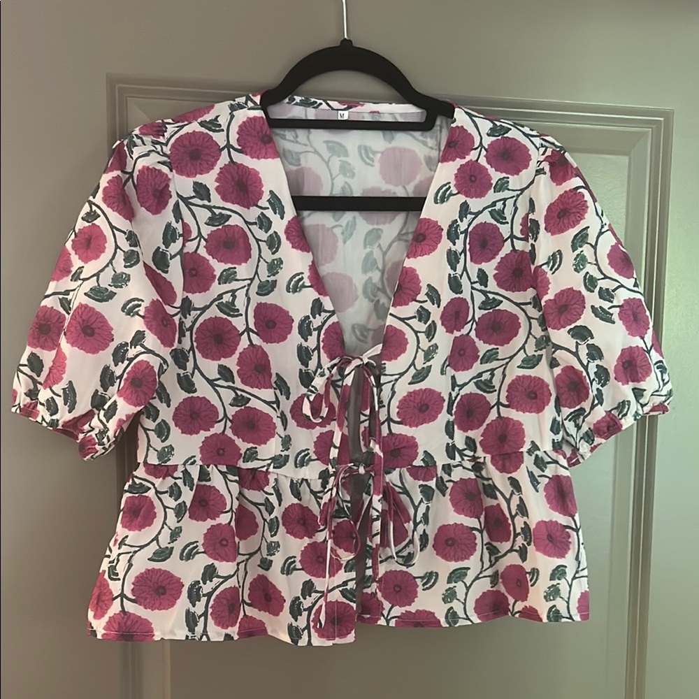 Floral Tie-Front Blouse - Pink and Green